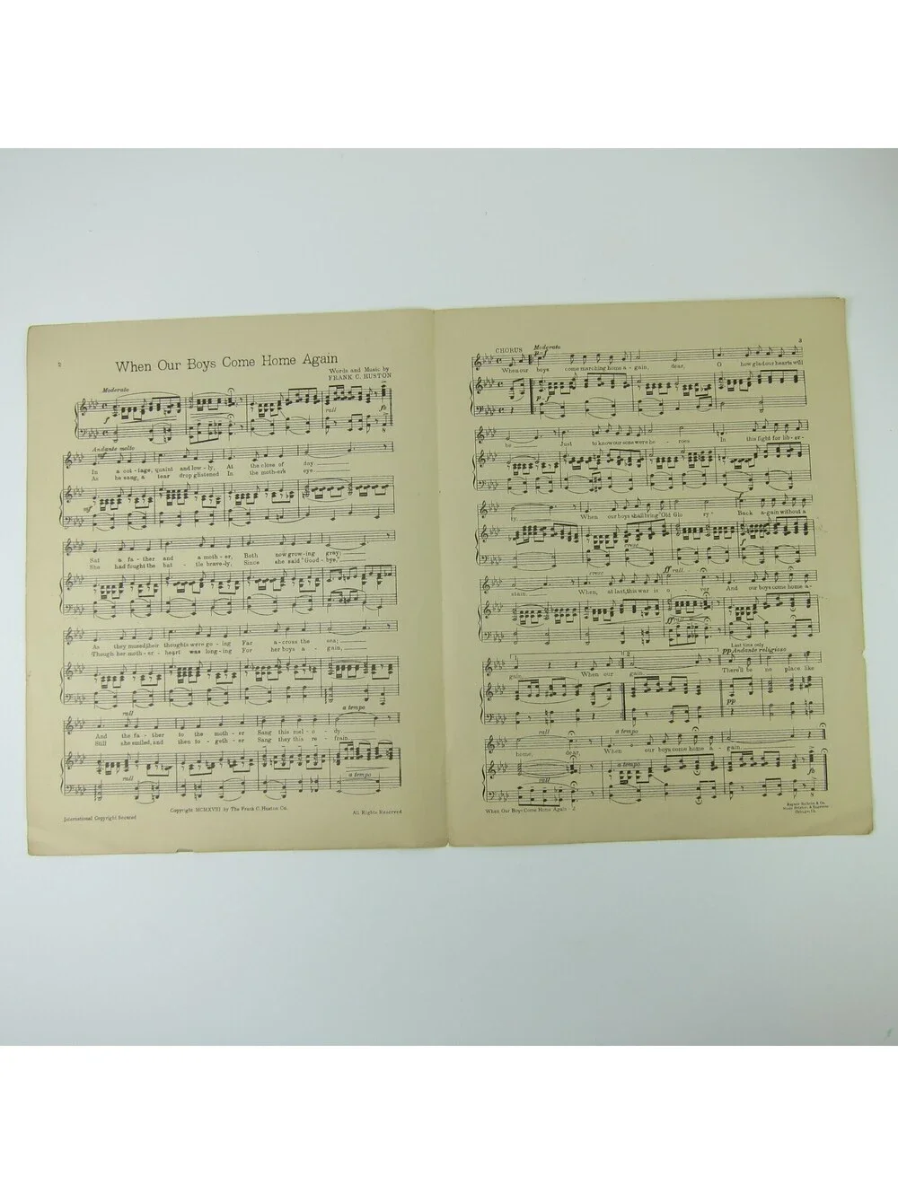 Sheet Music When Our Boys Come Home Again Frank C. Huston WWI Antique 1918